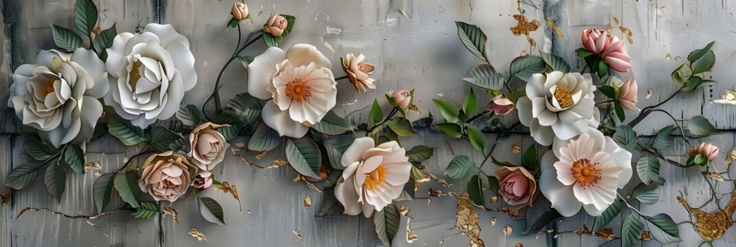 Volumetric floral arrangements on an old concrete wall with gold elements.