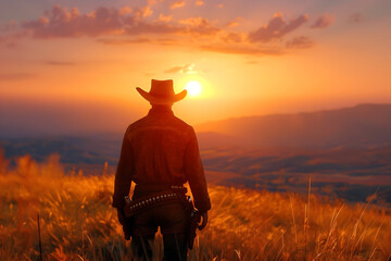 Cowboy Silhouetted against a Breathtaking Sunset on the Vast Prairie Landscape - obrazy, fototapety, plakaty