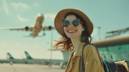 With every step along the runway of the airfield, the woman feels that she is getting closer to her dream of a vacation. The noise of airplanes gladly accompanies her, soaring into sky in background - obrazy, fototapety, plakaty