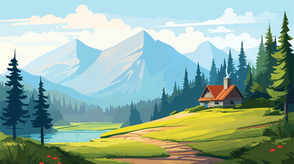 Peaceful mountain retreat surrounded by towering pi - obrazy, fototapety, plakaty