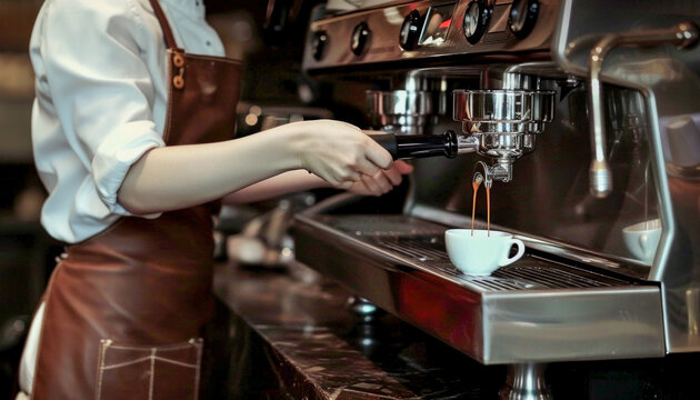 a worker in a uniform with a leather apron making coffee with a large coffee machine