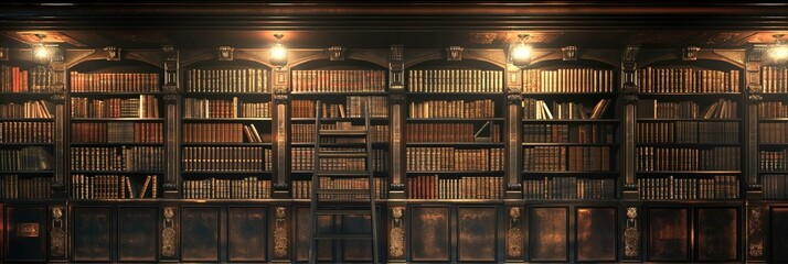 Library book shelves background with rows iof old books lit with light as background for wisdom and literacy concept