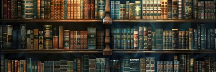 Library book shelves background with rows iof old books lit with light as background for wisdom and literacy concept