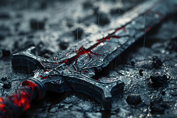 Cursed Swordsman's Bloodstained Battlefield in Isolated Cinematic 3D Photographic - obrazy, fototapety, plakaty