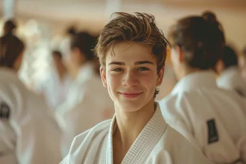 Fotobehang A happy teenage boy in a white judo gi, radiating joy and confidence in a dojo setting © Larisa AI