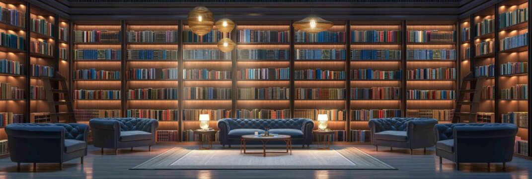 Library book shelves background with rows iof old books lit with light as background for wisdom and literacy concept