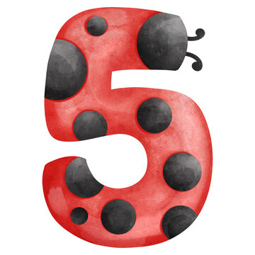 A watercolor illustration of a red ladybug with black spots in the shape of the number 5.