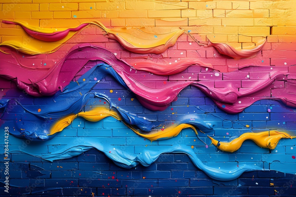 Poster this dynamic image captures the fluidity of multicolored paint flowing in waves on a textured brick 