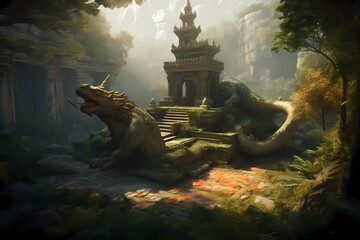 **A serene glade surrounded by ancient ruins, where a magnificent dragon rests amidst the remnants...