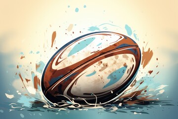 A rugby ball covered in colorful paint splatters, perfect for sports or creative projects