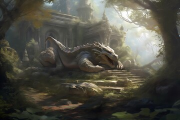 **A serene glade surrounded by ancient ruins, where a magnificent dragon rests amidst the remnants of a forgotten civilization - obrazy, fototapety, plakaty