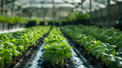 Rows of small plants growing in a greenhouse - obrazy, fototapety, plakaty