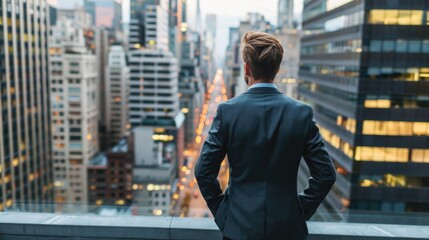 A man in a suit gazing at the city skyline, perfect for business concepts