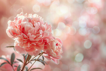 dreamy background, pink peony on blur floral background for wedding invitation or romantic wallpaper, macro