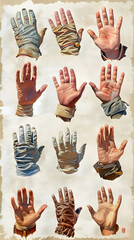 Detailed Diagrams of Vintage Cowboy Hand Gestures and Signaling on Aged Background