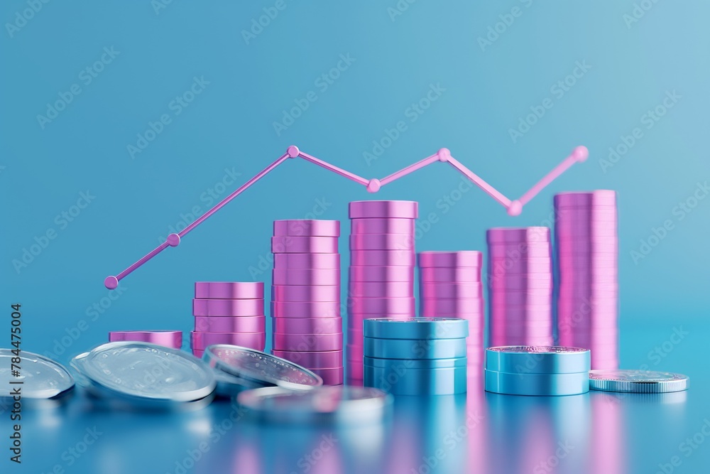 Fototapete a stack of pink coins on an azure graph against a blue background