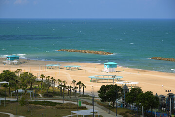 Mediterranean Sea, sea view, beach and lifeguards. Vacations and relaxation by the sea. Ashkelon, Israel