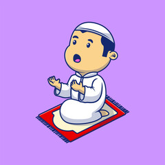 Cute Moslem Boy Praying On Rug Cartoon Vector Icons Illustration. Flat Cartoon Concept. Suitable for any creative project.