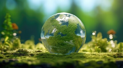 A glass globe resting on a vibrant green field, suitable for environmental concepts - obrazy, fototapety, plakaty