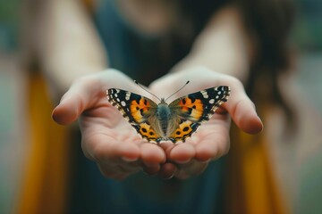A butterfly on a woman's hand as a symbolic image for mindfulness, love of animals, respect etc. (A.I.-generated)