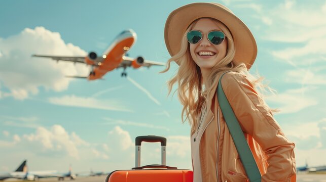 Smiling woman in front of passenger airliner at airport happy to finally be able to relax She rejoices in the opportunity to travel and share these moments with her loved ones