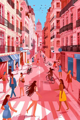 Illustration of a cityscape scene with people strolling, riding bicycles with soft color palette of pastel pinks and blues