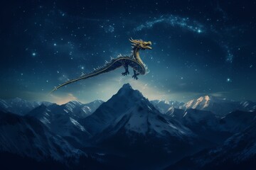 **A starry night sky above a snow-capped mountain peak, with a majestic dragon soaring amidst the constellations - obrazy, fototapety, plakaty