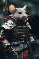 Toy rat dressed in armor with a sword, perfect for medieval themed projects