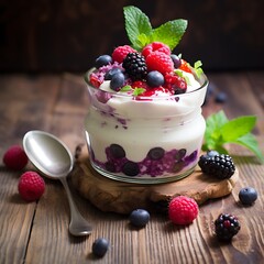 Homemade Greek yogurt with berries on wooden background