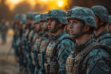 An impactful image displaying a group of military personnel in camouflage, lined up in a disciplined formation - obrazy, fototapety, plakaty
