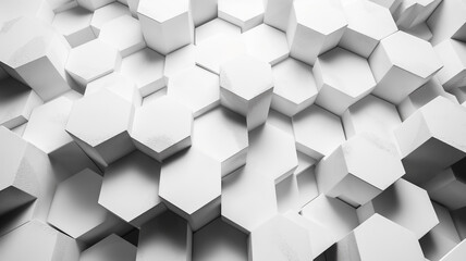 3D geometric pattern of white hexagons with varying heights.