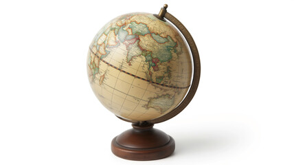 Vintage world globe on a wooden stand isolated on a white background.