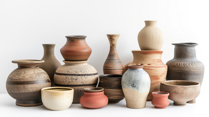 Fototapeta na wymiar A collection of various handmade pottery pieces on a white background.