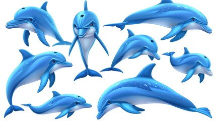 A group of blue dolphins in different positions