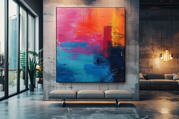A large, colorful abstract painting dominates the scene, adding a vibrant touch to the contemporary living room setting with minimalist furniture