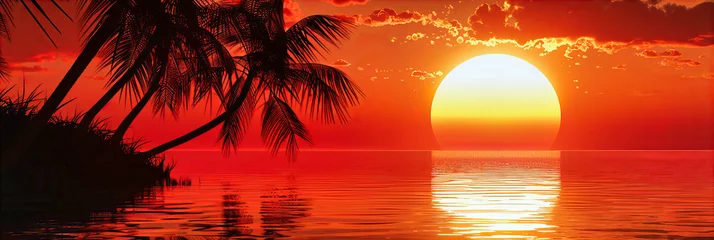 Tuinposter Illustrative Tropical Sunset with Palms and Orange Sky, Ideal for Dreamy Vacation Backgrounds © NURA ALAM