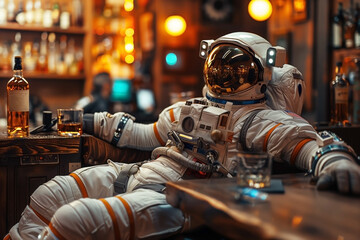 An astronaut in full gear is sitting in a bar with a glass of whiskey