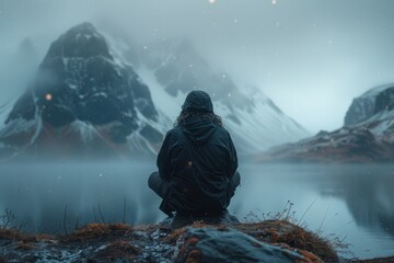 A lone individual sits in contemplation facing a serene, snow-covered mountain range and lake with a mystical atmosphere - Powered by Adobe
