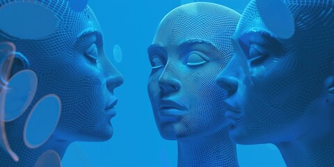Two mannequin heads against a blue backdrop