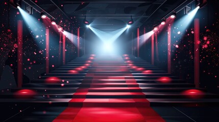 A stage with red carpet and spotlights