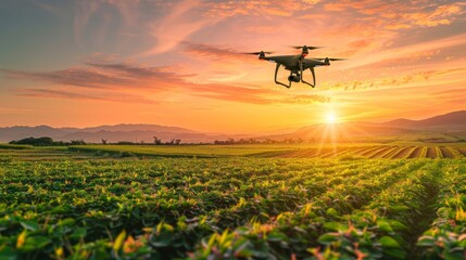 A drone flies over a lush green field at sunset. - obrazy, fototapety, plakaty