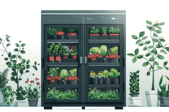 A digital illustration of a modern plant incubator with various leafy green plants and flowers inside.