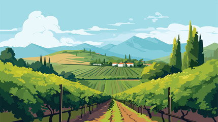 Picturesque countryside vineyard with rows of grape