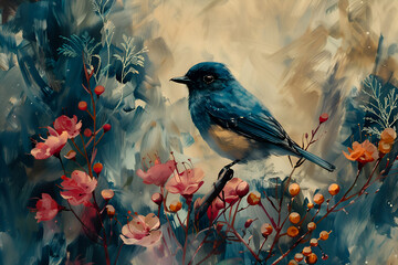 A blue bird is perched on a branch in a painting of flowers. The painting has a serene and peaceful mood, with the bird being the focal point of the scene. Generative AI - obrazy, fototapety, plakaty
