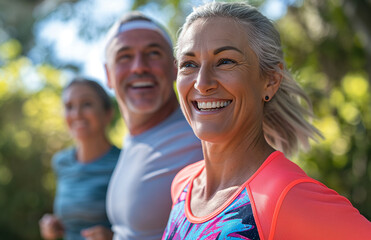 Obraz premium Joyful senior joggers in park, wellness and community exercise concept.