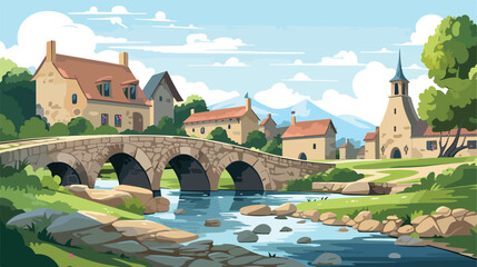 Picturesque riverside village with stone bridges an