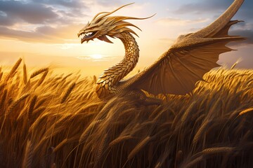 **A sun-kissed field of golden wheat swaying in the breeze, with a graceful dragon soaring gracefully overhead - obrazy, fototapety, plakaty