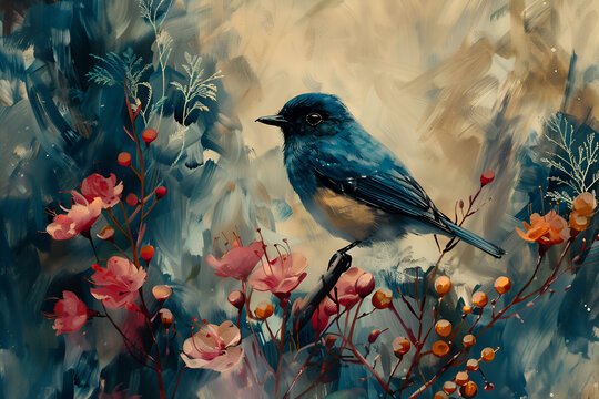 A blue bird is perched on a branch in a painting of flowers. The painting has a serene and peaceful mood, with the bird being the focal point of the scene. Generative AI