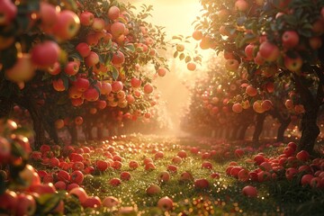 A serene orchard with sunlight streaming through, highlighting ripe apples ready for harvest, invokes a sense of abundance and nature's bounty