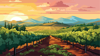 Picturesque vineyard with rows of grapevines under - obrazy, fototapety, plakaty